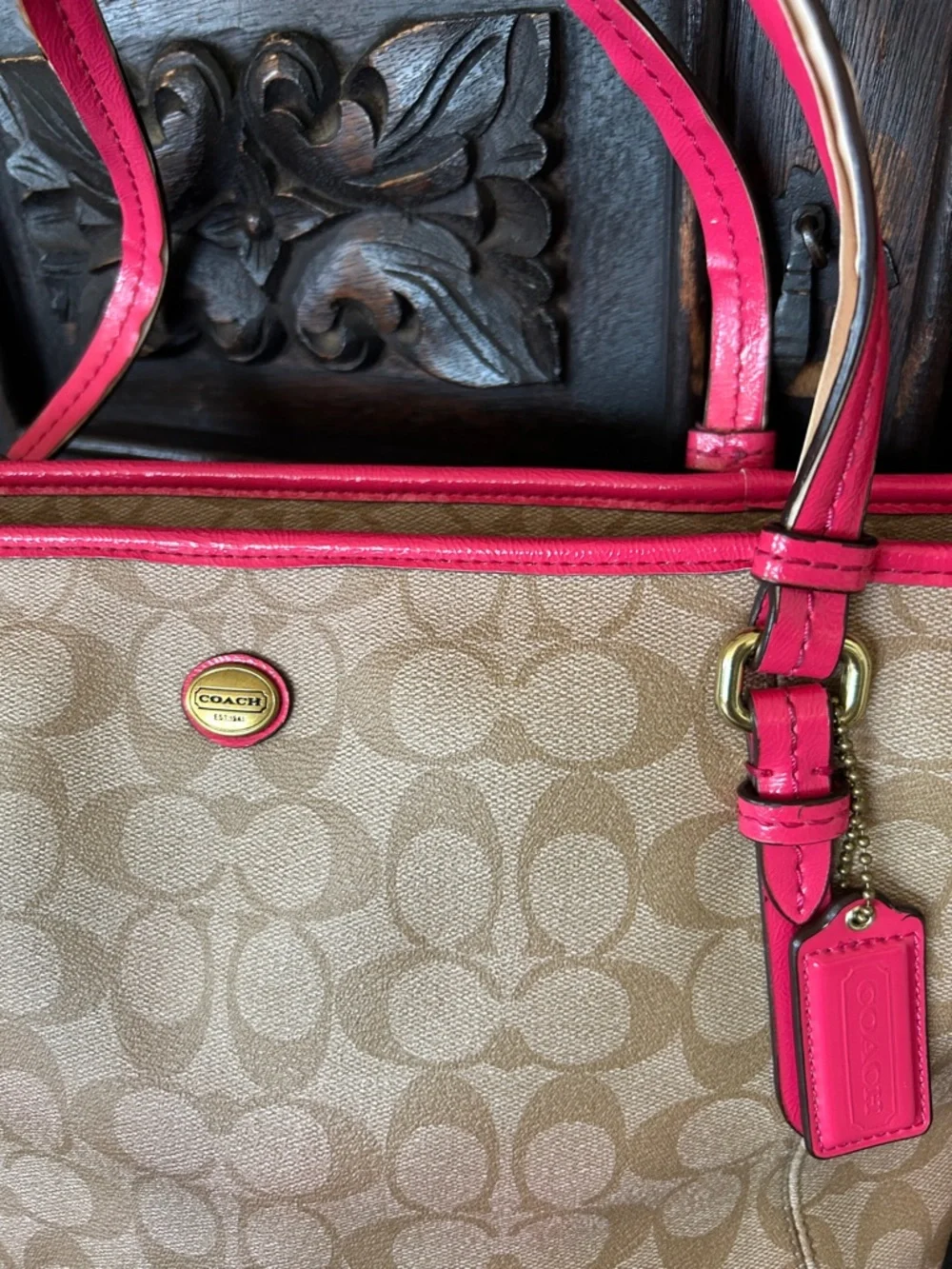 Coach Tan Signature Canvas Tote with Pink Trim and Handles
